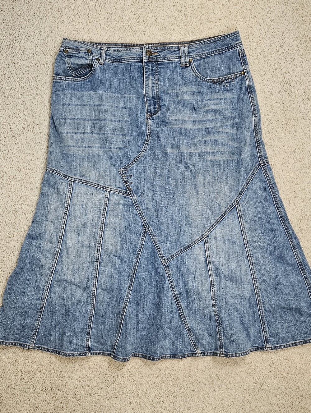 Vintage Yk2 Denim Midi Skirt Stretch Womens 20W Pockets Flare Mermaid Patchwork
